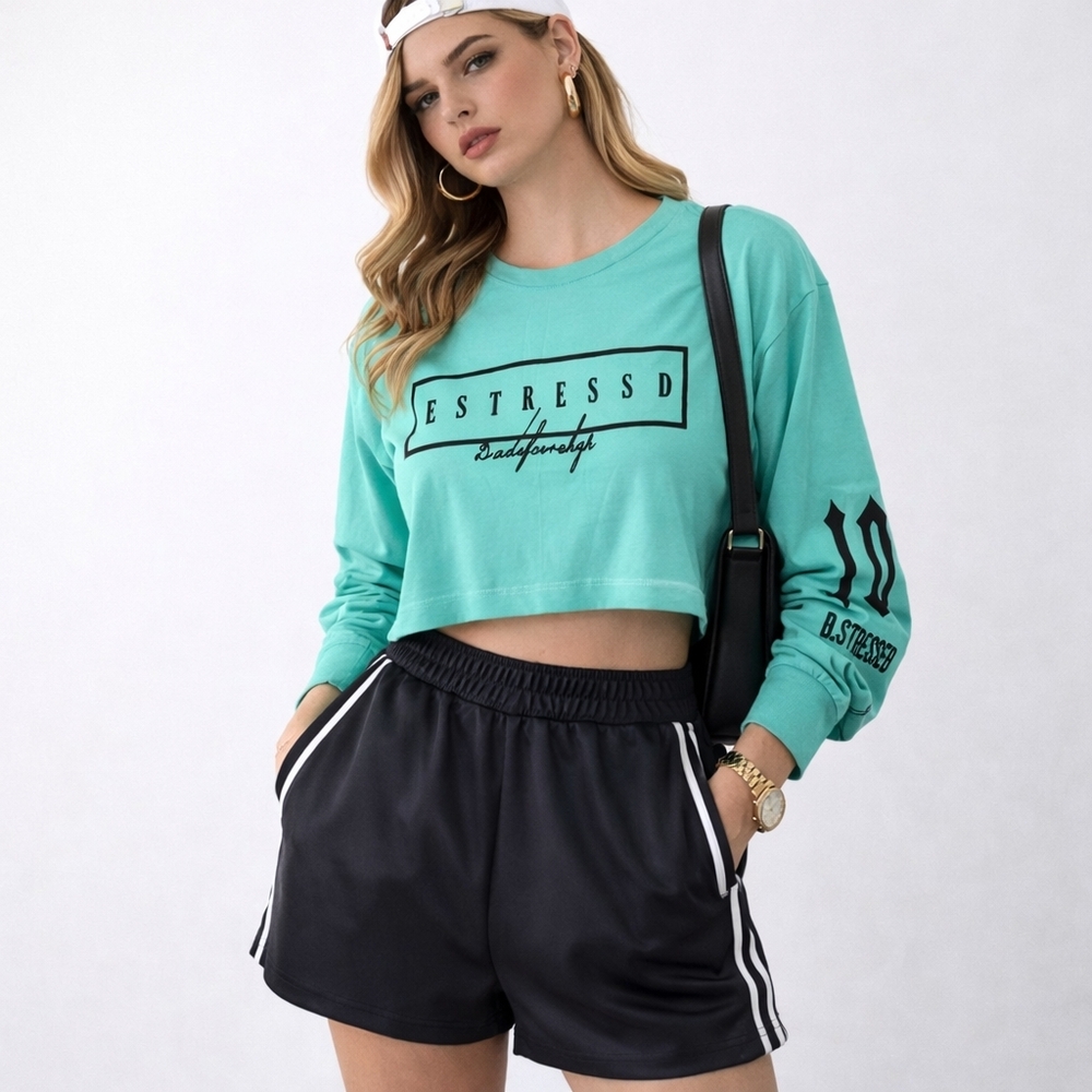 ESTRESSED - D.STRESSED European Streetwear Crop Tee Long Balloon Sleeves Mint Gr